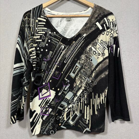 Alberto Makali Top L Black White Abstract V-Neck Artsy Graphic Statement Deco - Picture 1 of 5